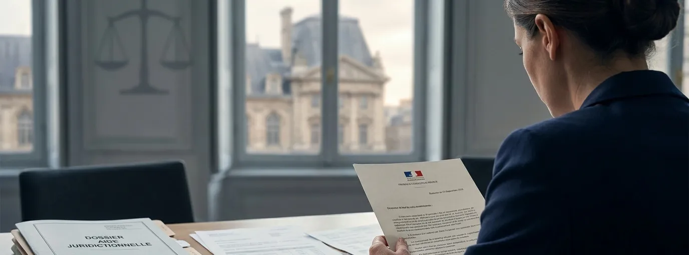 Femme consultant un courrier officiel sur l’aide juridictionnelle après jugement en 2026 avec dossier et calendrier de délais