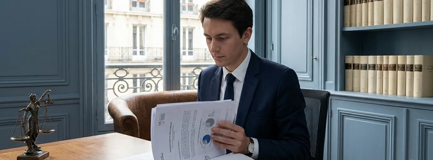Avocat consultant un dossier d’aide juridictionnelle dans un cabinet, avec documents administratifs et codes juridiques, illustration des plafonds et conditions du barème 2026