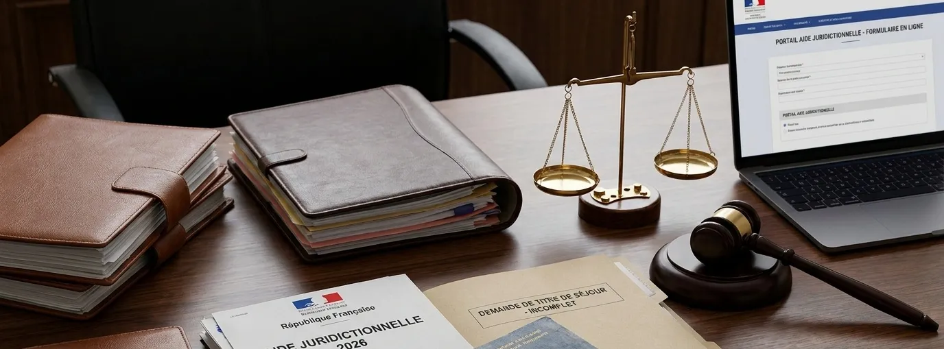 Dossier d’aide juridictionnelle 2026 avec documents administratifs, demande de titre de séjour et passeport sur un bureau juridique, illustrant les démarches pour étrangers en situation irrégulière.