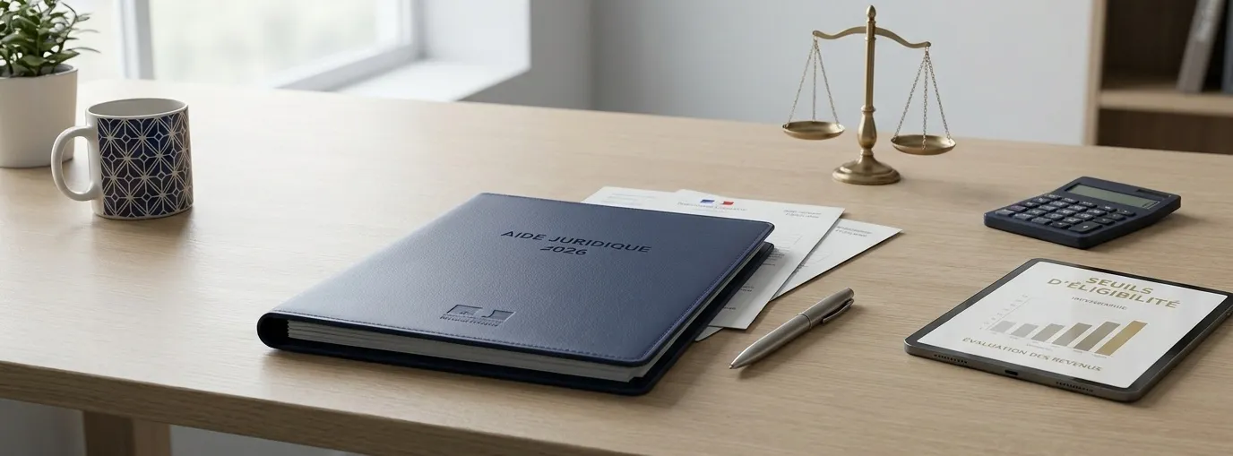 Dossier d’aide juridique 2026 sur un bureau avec documents, balance de justice et calculatrice