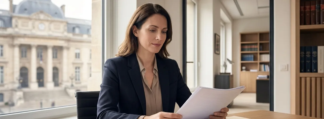 Femme examinant un dossier d’aide juridictionnelle lié à un divorce par consentement mutuel