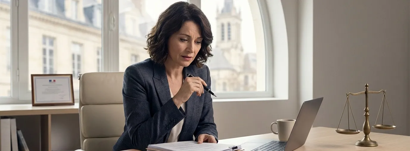 Femme consultant un dossier d’aide juridictionnelle pour divorce devant un ordinateur, dans un bureau juridique avec documents administratifs.