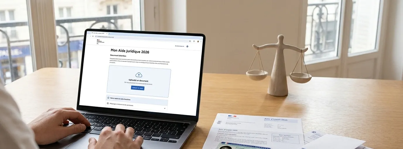 Demande d’aide juridictionnelle en ligne sur ordinateur portable avec justificatifs, pièce d’identité et documents administratifs pour les démarches 2026.