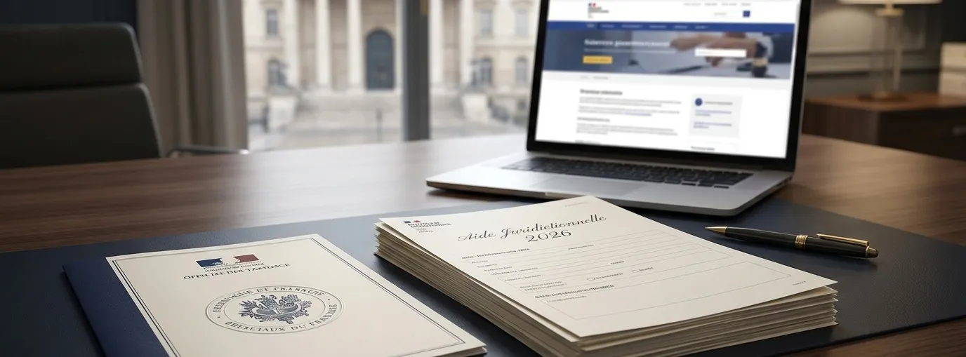 Dossier d’aide juridictionnelle gratuite 2026 posé sur un bureau, avec formulaire administratif et site officiel de justice affiché sur un ordinateur portable