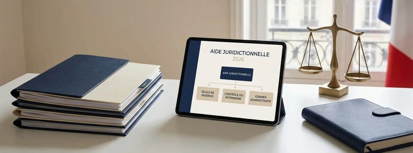 Tablette affichant les critères de l’aide juridictionnelle 2026 avec seuils de revenus et contrôle du patrimoine
