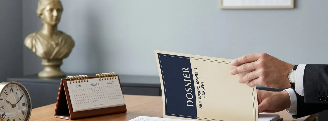 Dossier de demande d’aide juridictionnelle urgente consulté dans un bureau juridique