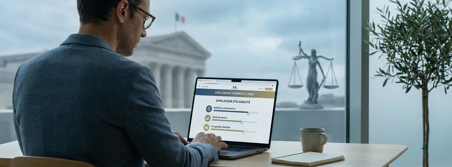 Homme consultant un simulateur d’aide juridictionnelle 2026 sur ordinateur portable avec le Palais de justice en arrière-plan