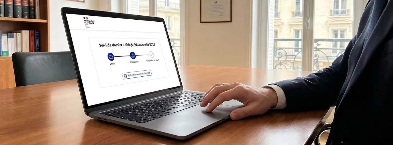 Suivi en ligne du dossier d’aide juridictionnelle 2026 sur ordinateur portable dans un cabinet d’avocat, avec professionnel en costume au bureau devant une interface de suivi de demande