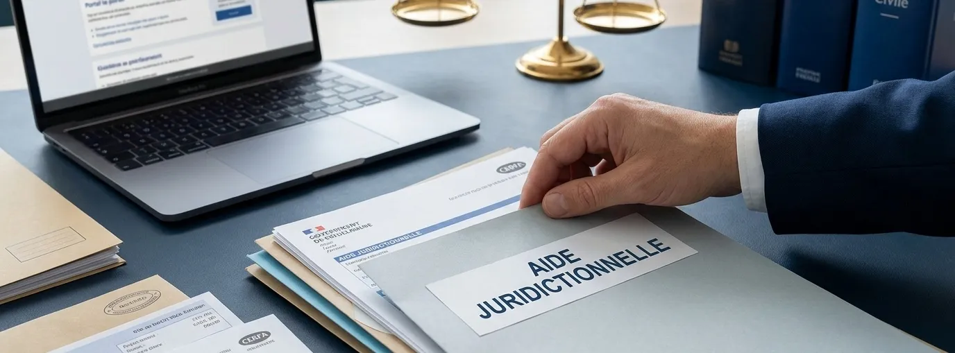 Dossier d’aide juridictionnelle 2026 avec formulaires administratifs et portail en ligne affiché sur ordinateur dans un cabinet d’avocat, pour illustrer les conditions, barèmes et démarches de demande