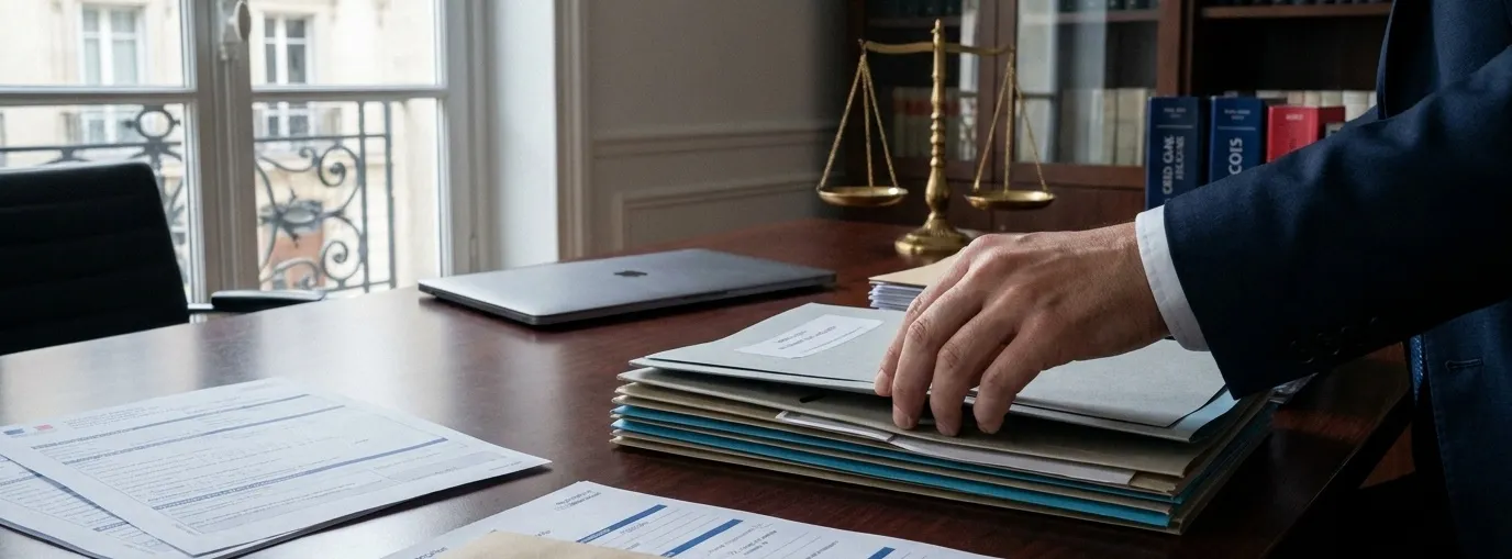 Dossiers et formulaires d’aide juridictionnelle 2026 posés sur le bureau d’un cabinet d’avocat, avec professionnel en costume classant plusieurs demandes administratives successives