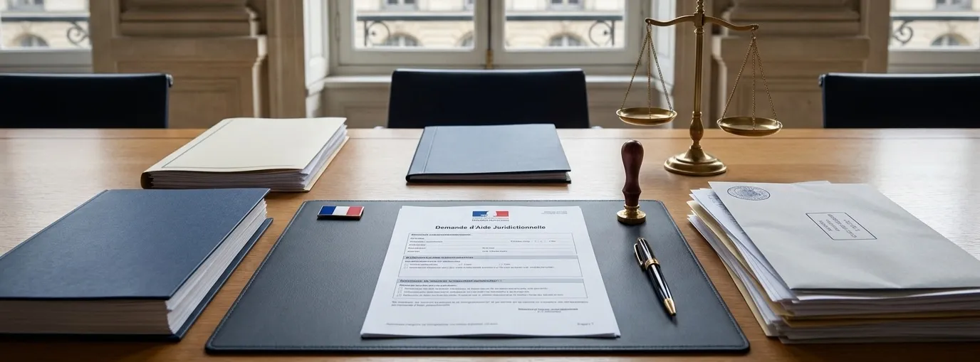 Dossier de demande d’aide juridictionnelle présenté sur une table de réunion institutionnelle avec documents officiels et balance de la justice