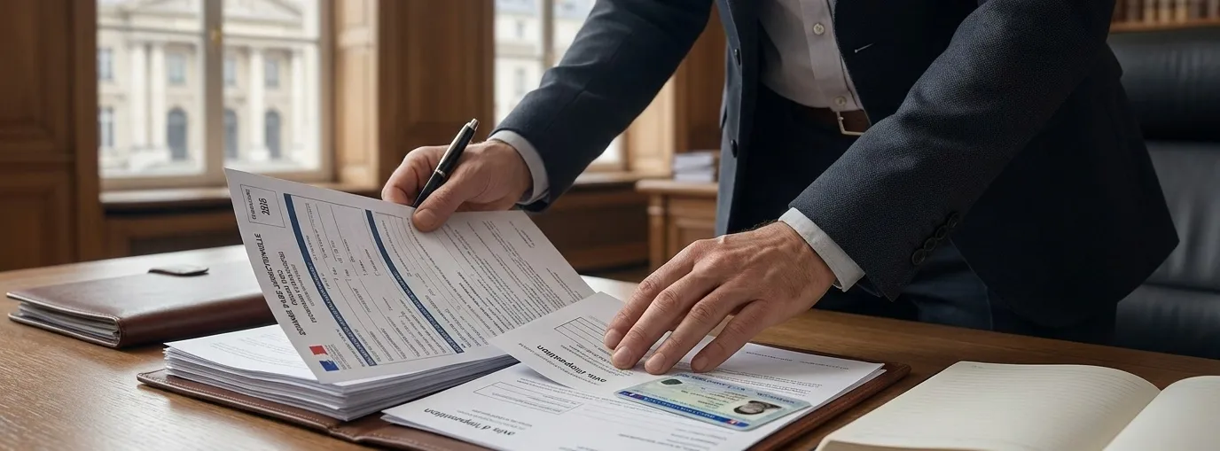 Homme en costume préparant un dossier de demande d’aide juridictionnelle avec formulaires administratifs et pièce d’identité dans un bureau juridique.