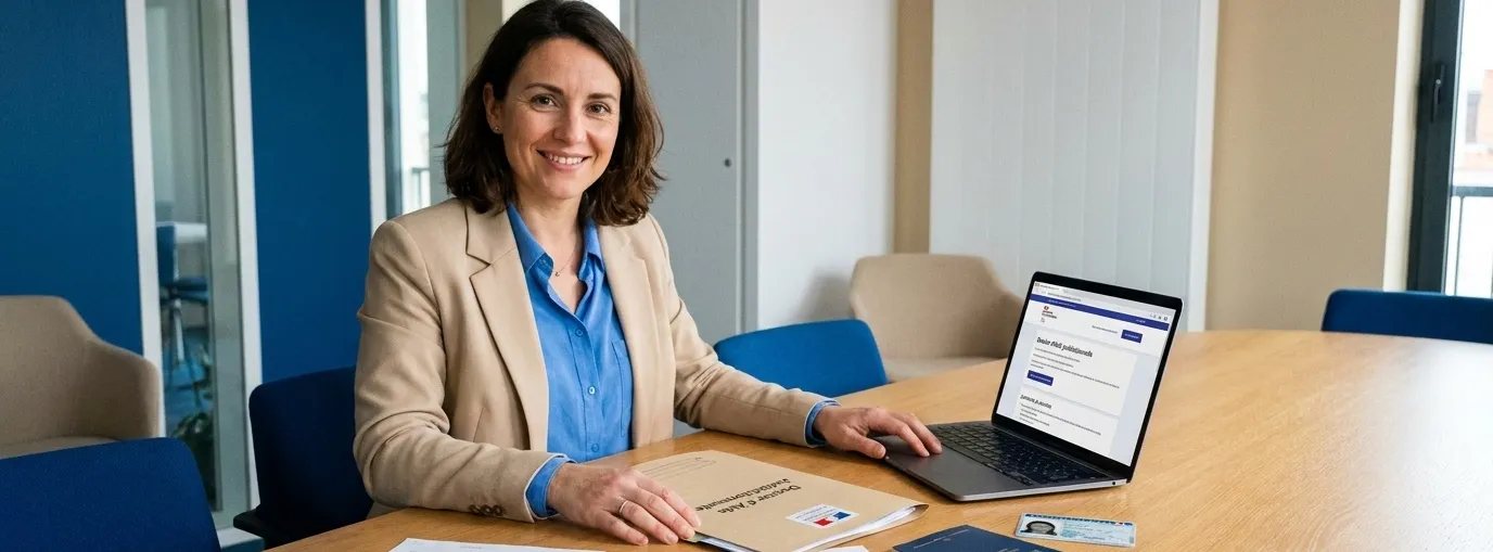 Femme assise en salle de réunion avec ordinateur portable et dossier de demande d’aide juridictionnelle, accompagnée de pièce d’identité.
