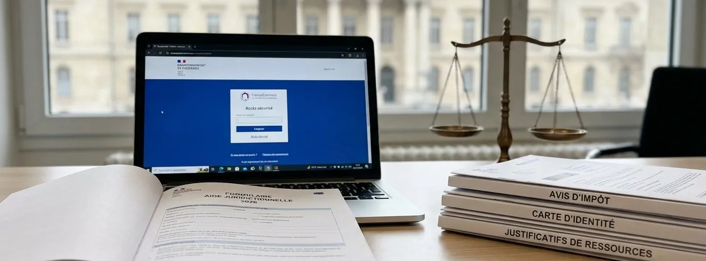 Formulaire d’aide juridictionnelle 2026 affiché sur bureau avec ordinateur, avis d’impôt, carte d’identité et justificatifs de ressources pour constituer le dossier.